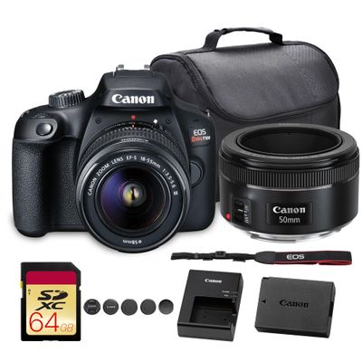 Canon EOS Rebel T100 DSLR Camera with 18-55mm Lens | 18MP APS-C Sensor, Built-in Wi-Fi & Full HD Video | for Beginners, Travel & Everyday Shooting (2628C029) + EF 50mm f/1.8 STM Lens + Bag + More