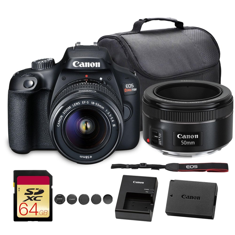 Canon EOS Rebel T100 DSLR Camera with 18-55mm Lens | 18MP APS-C Sensor, Built-in Wi-Fi & Full HD Video | for Beginners, Travel & Everyday Shooting (2628C029) + EF 50mm f/1.8 STM Lens + Bag + More