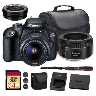 Canon EOS Rebel T100 DSLR Camera with 18-55mm Lens| 18MP APS-C Sensor, Built-in Wi-Fi & Full HD Video| for Beginners, Travel & Everyday Shooting (2628C029) + EF 50mm f/1.8 STM Lens + 64GB Card + More