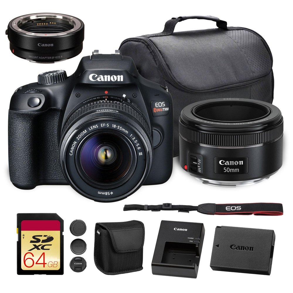 Canon EOS Rebel T100 DSLR Camera with 18-55mm Lens| 18MP APS-C Sensor, Built-in Wi-Fi & Full HD Video| for Beginners, Travel & Everyday Shooting (2628C029) + EF 50mm f/1.8 STM Lens + 64GB Card + More