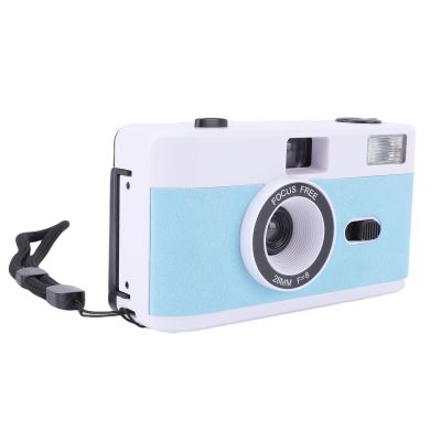 Wisoqu 35mm Film Camera, Vintage Aesthetic Reusable Retro Camera with Built in 27 Color Films, Flash, 28mm F / 8 Lens, 1/120s Shutter Speed, Manual Focus (White Blue)