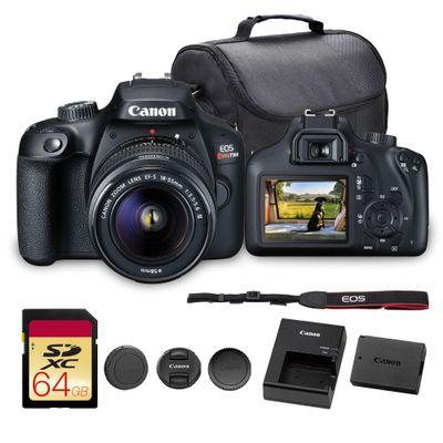 Canon EOS Rebel T100 DSLR Camera with 18-55mm Lens | 18MP APS-C Sensor, Built-in Wi-Fi & Full HD Video | Perfect for Beginners, Travel & Everyday Shooting (2628C029) + Bag + 64GB Memory Card