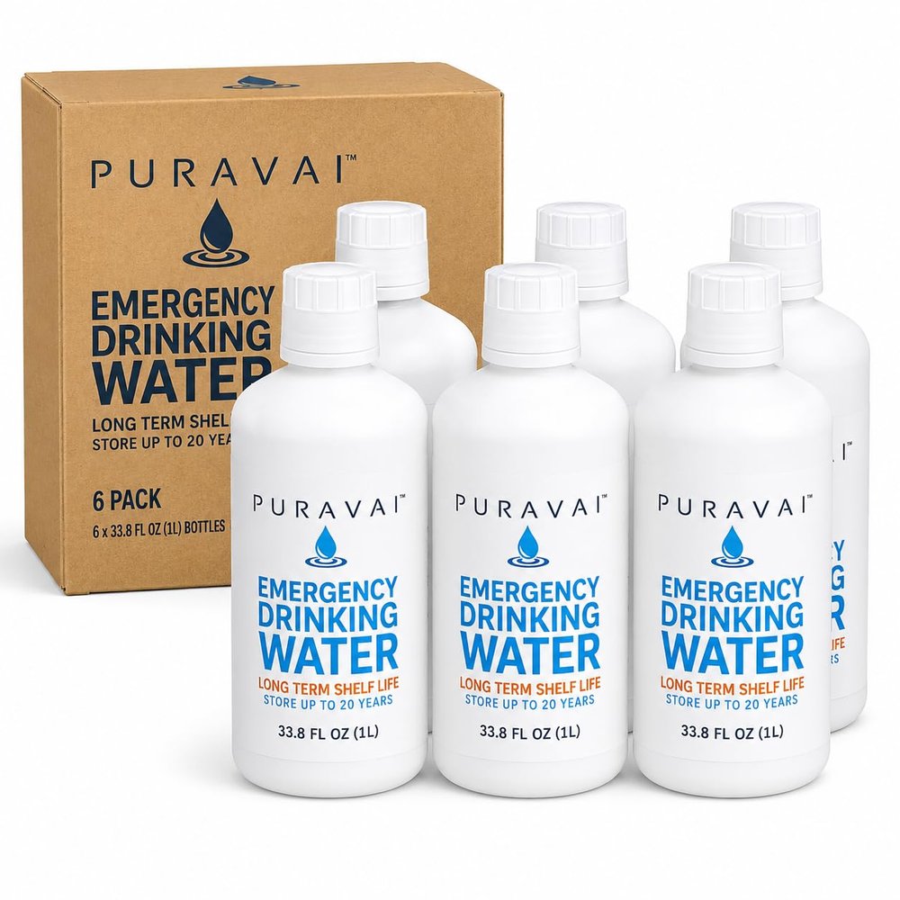 Ready Harvest Puravai Emergency Drinking Water, 6-Pack (1 Liter Bottles), 20-Year Shelf Life, Long-Term Water Storage for Emergency Preparedness, Disaster Kits, Survival Supplies