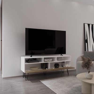 54" Wide Two-Door Cabinet Tv Stand with Pull Down Doors, Three Shelves, Cable Management White - Naturla Oak for Living Room Decor, Office,Use in The Living Room