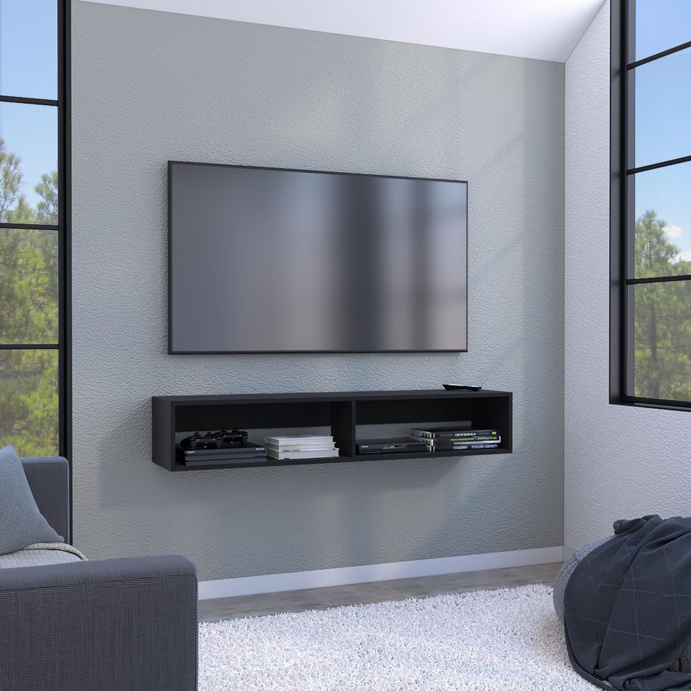 59" Floating Tv Stand with Two Open Shelves, Media Compartments and Cable Management,Use in The Living Room
