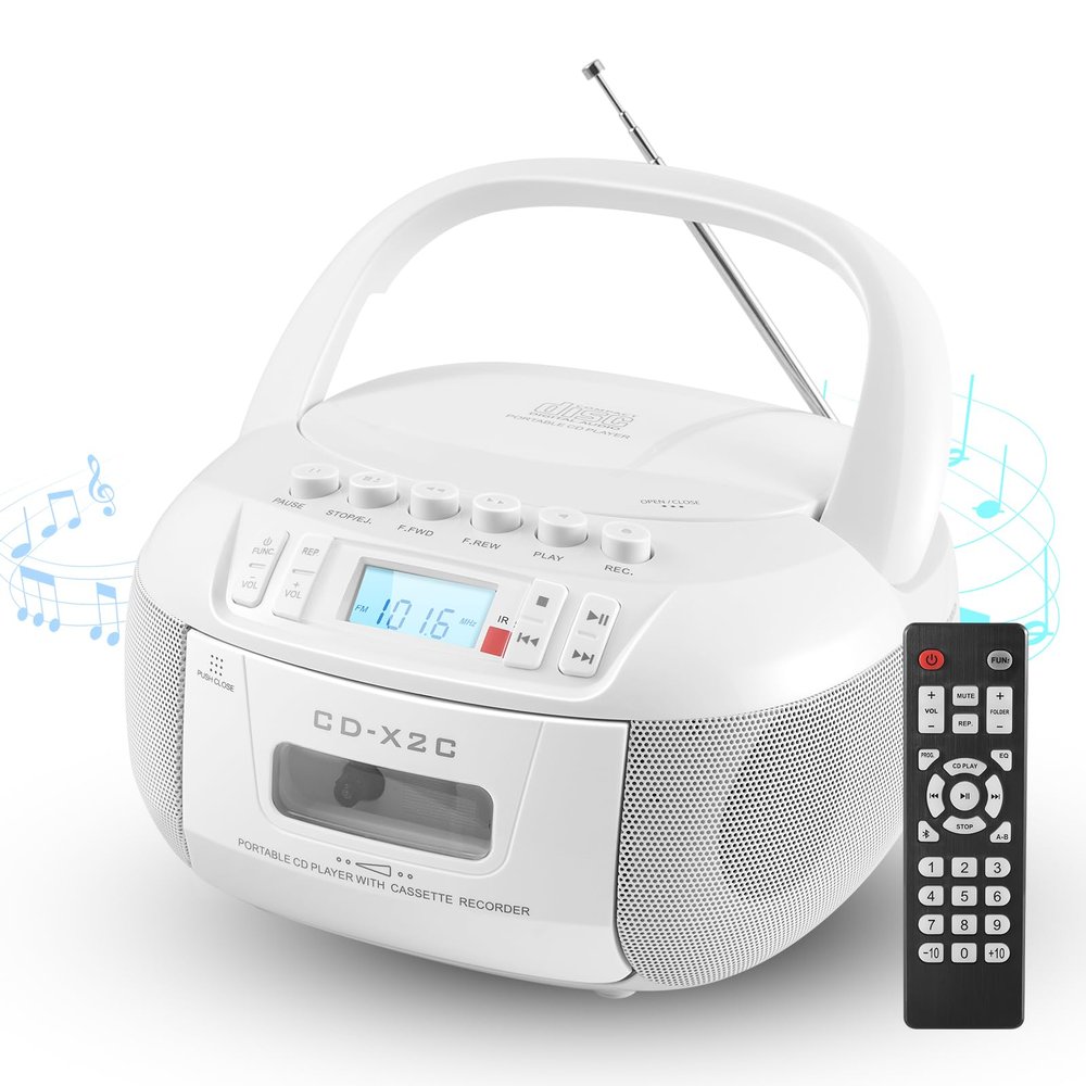 DGXWLLW CD and Cassette Player Combo, Portable CD Player Boombox with AM/FM Radio Bluetooth/AUX/USB Drive Tape Recording Headphone Jack LCD Display AC/DC Powered Stereo Sound with Remote Control