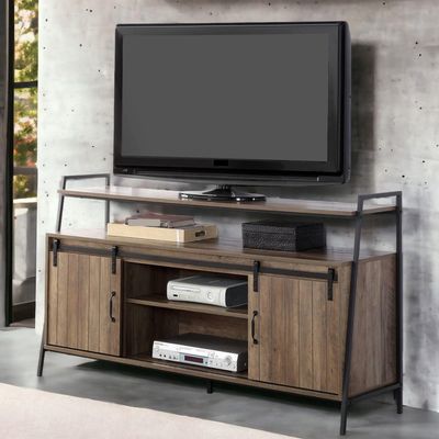 60-Inch TV Stand with Sliding Barn Doors, Rustic Oak and Black TV Stand with Storage Cabinets,for Living Room Decor, Office,Use in The Living Room