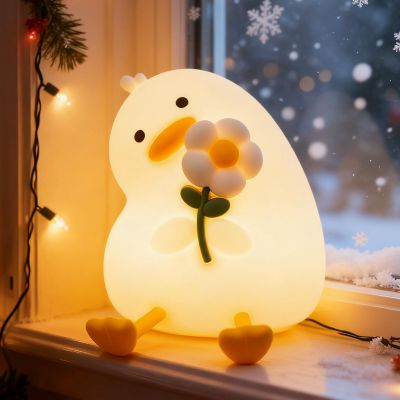 Animal Night Light for Kids, Cute Duck Night Light with Timer, Dimmable Silicone Lamp with 3 Brightness Levels, Rechargeable Nightlight, LED Squishy Bedside Lamp for Boys Girls Toddler (Flower Duck)