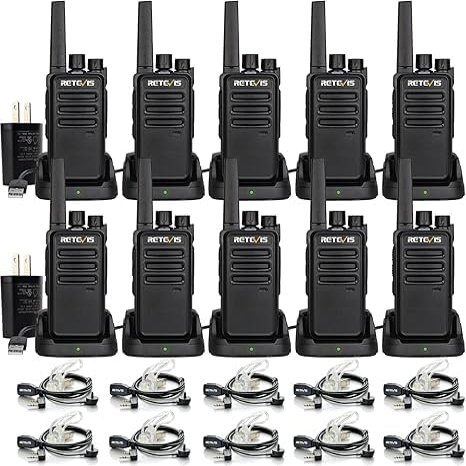 Retevis RT68 Two-Way Radios(10 Pack), with Volume Adjustable Walkie Talkie Earpiece(20 Pack), Walkie Talkies for Adults, 2 Way Radio with Earpiece, Walkie Talkie Rechargeable with Charging Base