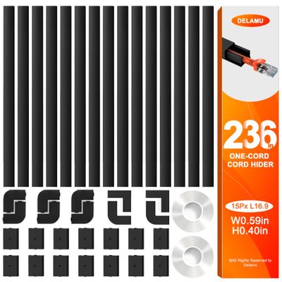 Delamu 236in Cord Hider, One-Wire Cord Covers for Wires on Wall, Easy-to-Install Cable Hiders for Mounted Tv, Cable Management Kit, Cable Raceways, W0.59 H0.4in, Black