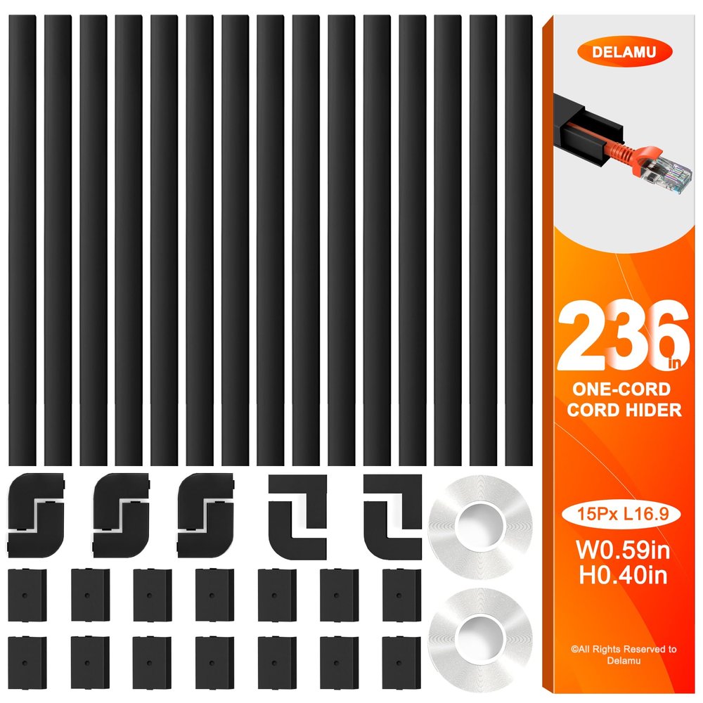 Delamu 236in Cord Hider, One-Wire Cord Covers for Wires on Wall, Easy-to-Install Cable Hiders for Mounted Tv, Cable Management Kit, Cable Raceways, W0.59 H0.4in, Black