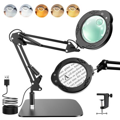 Magnifying Glass with Light and Stand, 10X 30X LED Desk Magnifier with Real Glass Lens, 5 Color Modes, 3 Brightness Levels, Hands-Free Magnifying Lamp for Reading, Crafts, Electronics and Jewelry