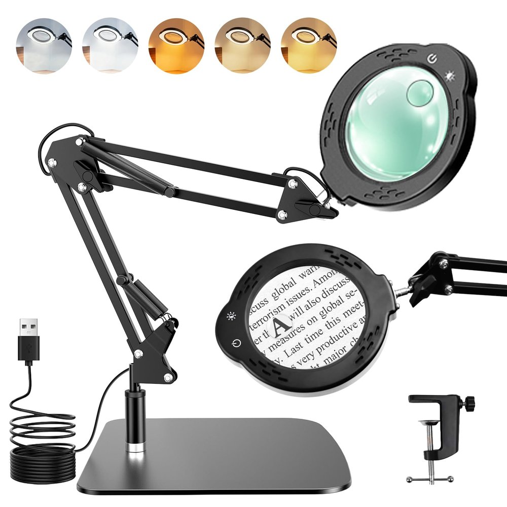 Magnifying Glass with Light and Stand, 10X 30X LED Desk Magnifier with Real Glass Lens, 5 Color Modes, 3 Brightness Levels, Hands-Free Magnifying Lamp for Reading, Crafts, Electronics and Jewelry