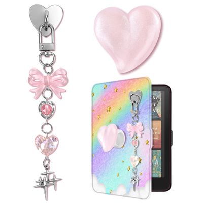 Windspeed Cute Charm Chain Set for Kindle Accessories for E-Reader Charms Chain Hook, Includes Heart Grip Holder, Pink Keychains with Hook, Nice Gift for Book Lovers, Women, Men