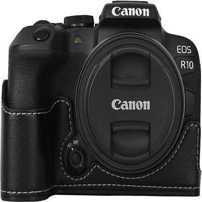 R10 Case, PU Leather Camera Bag Bottom Opening Half Body Case Cover Shell for Canon Eos R10 with Neck Strap Storage Box (Black)