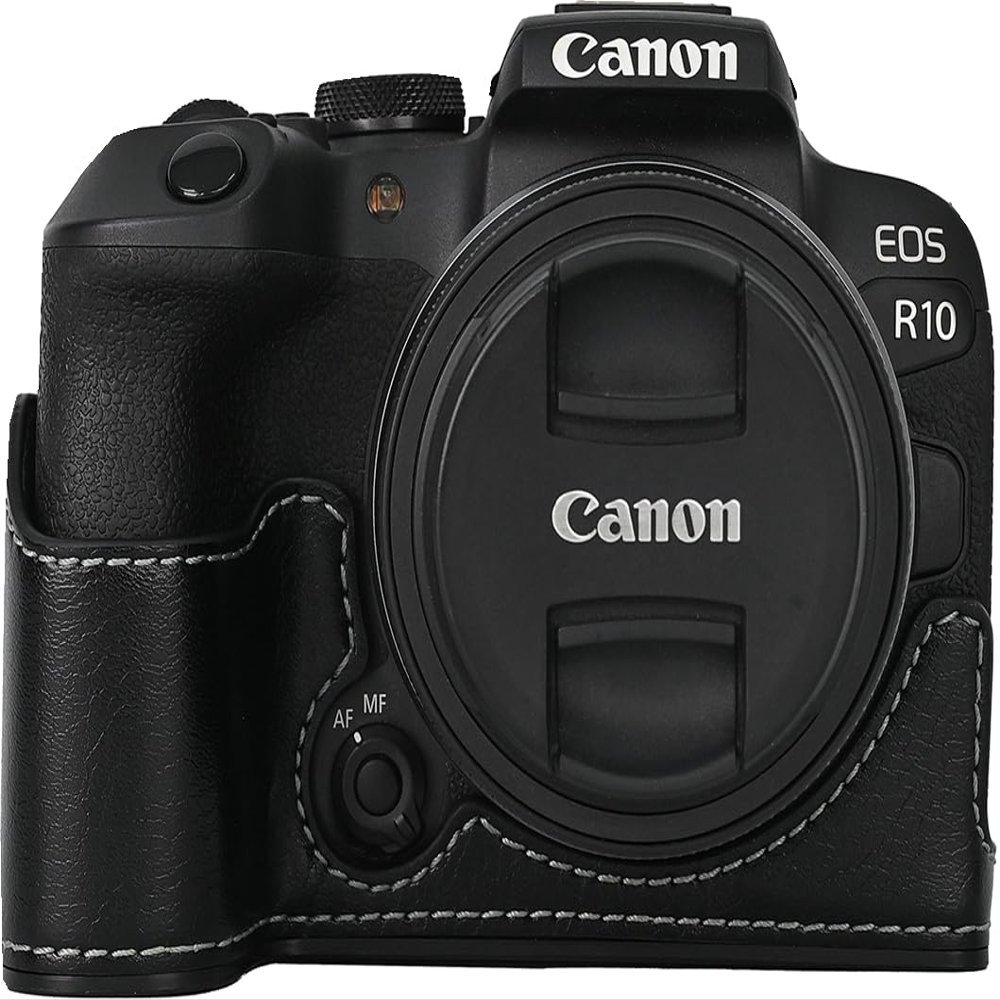 R10 Case, PU Leather Camera Bag Bottom Opening Half Body Case Cover Shell for Canon Eos R10 with Neck Strap Storage Box (Black)