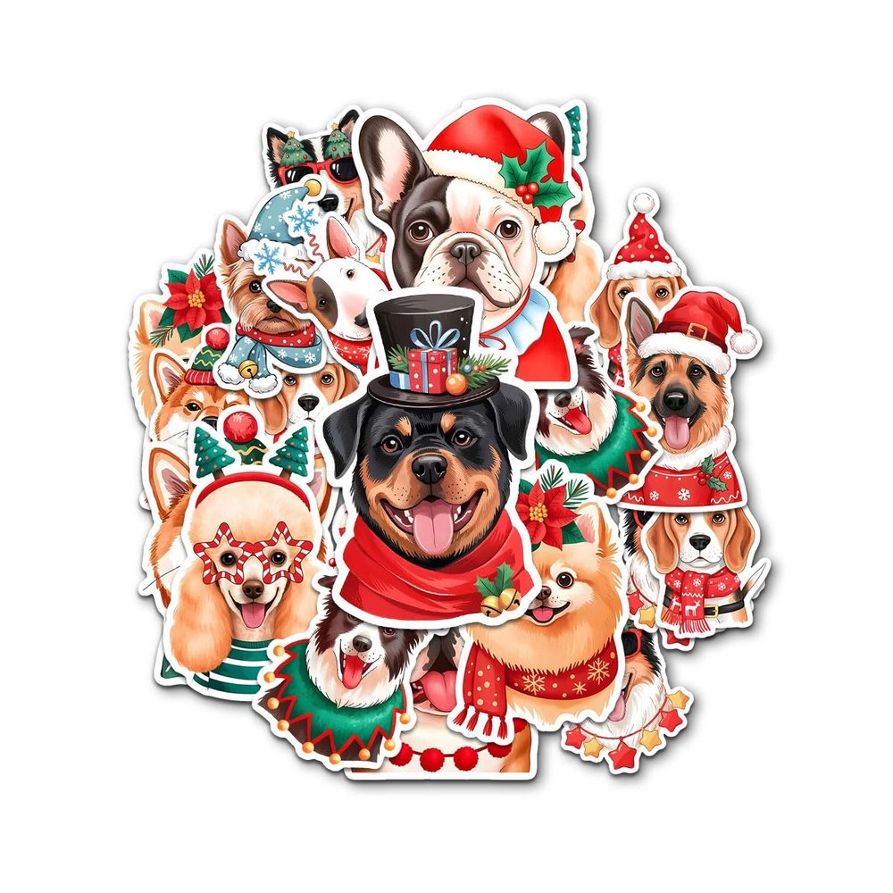 12 Pcs Christmas Dog Stickers, Holiday Puppy Decals Featuring Festive Dogs with Santa Hats, Scarves, Gifts Stickers for Laptop, Bottle, Notebook, Wrapping, Scrapbook, Holiday Crafts 7 Inches