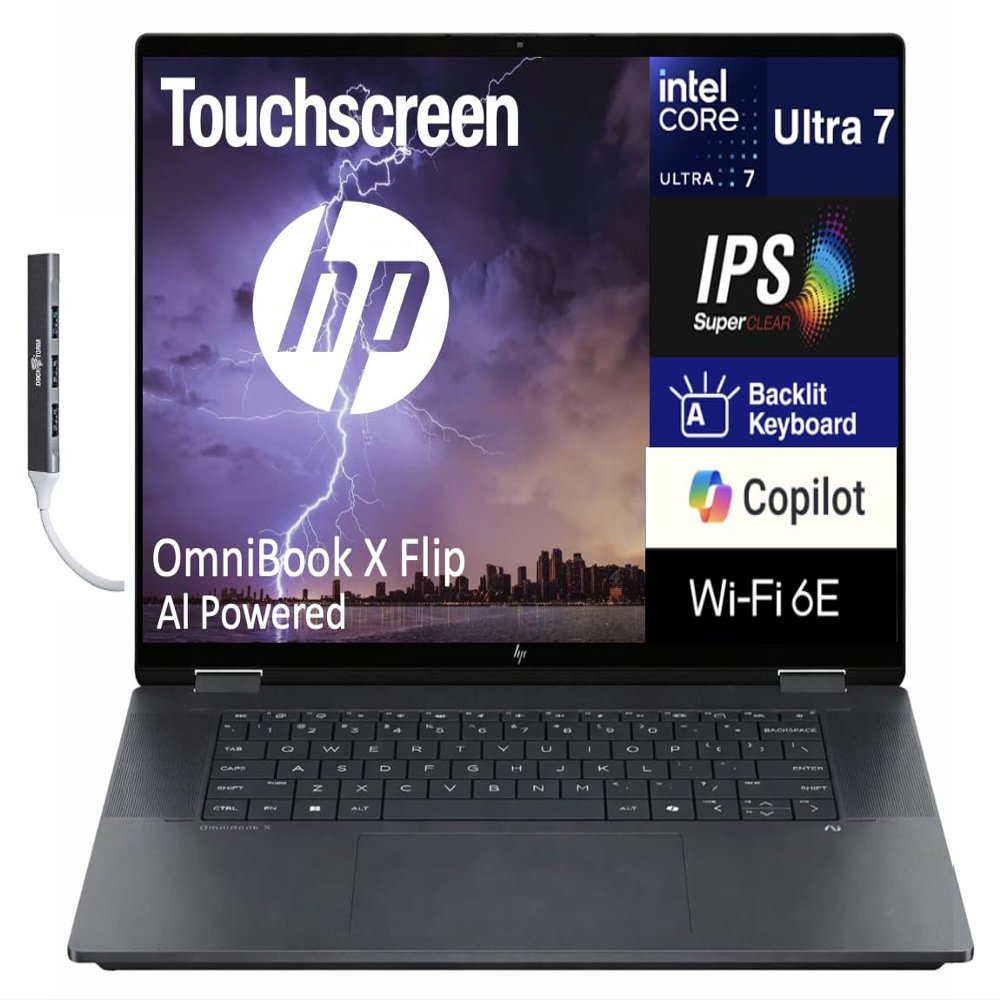 HP OmniBook X Flip AI Powered 2-in-1 Copilot+ Laptop (NextGen Envy x360) 16.0" Touch IPS WUXGA (Intel Ultra 7-258V, 32GB LPDDR5X, 2TB SSD, Backlit KB, Thunderbolt 4, Win11H) w/DKZ USB Port Expander
