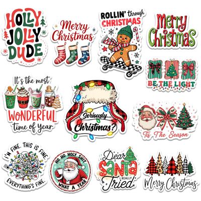 12 Pcs Funny Christmas Stickers Pack, Holiday Quote and Santa Sayings Decals with Festive Humor Designs, Merry Xmas Stickers for Laptop, Bottle, Notebook, Gift Wrapping, Office Holiday Decor 3 Inches