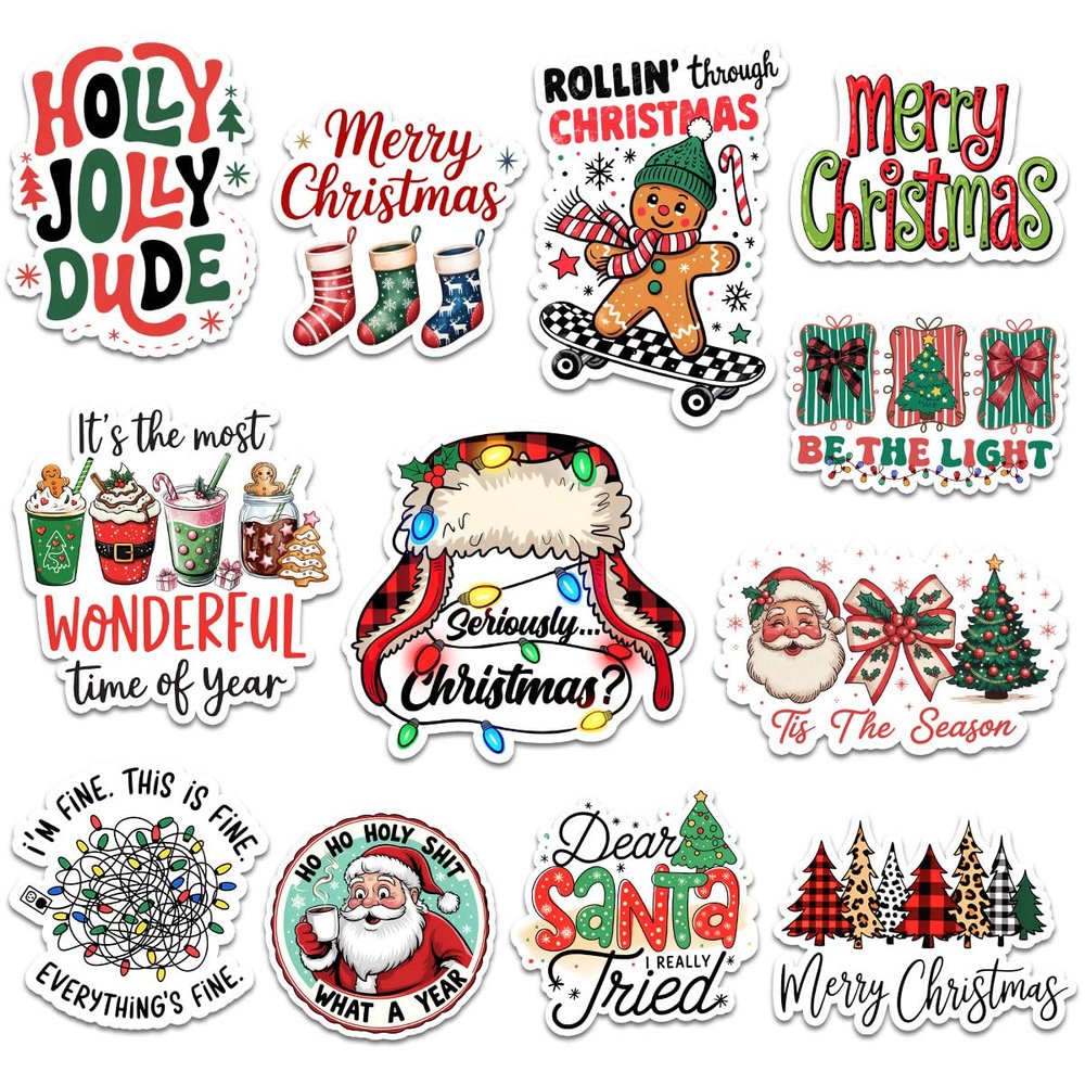 12 Pcs Funny Christmas Stickers Pack, Holiday Quote and Santa Sayings Decals with Festive Humor Designs, Merry Xmas Stickers for Laptop, Bottle, Notebook, Gift Wrapping, Office Holiday Decor 3 Inches
