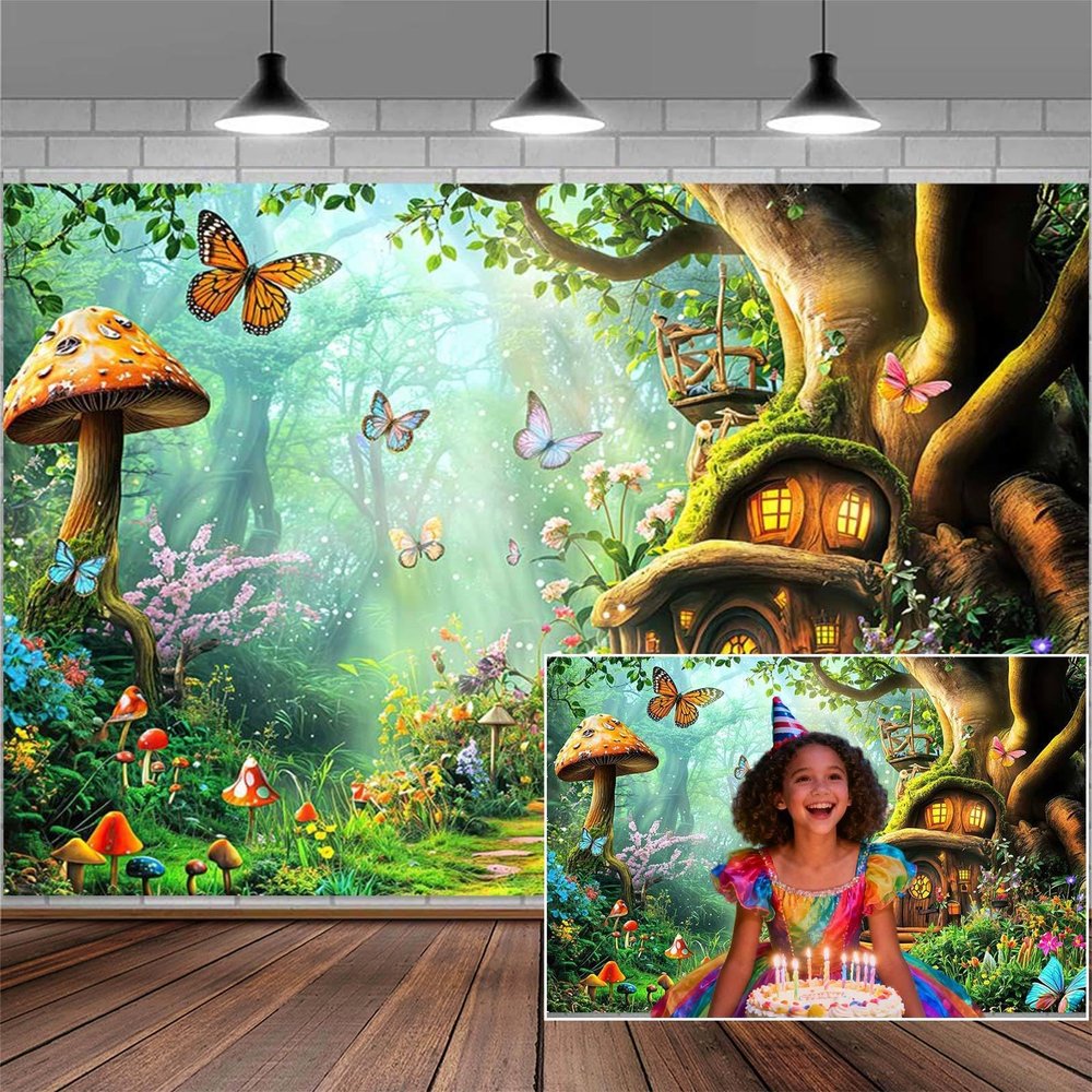 10X8FT Enchanted Forest Backdrop Fairy Tale Wonderland Mushroom House Photography Backdrop Magic Garden Woodland Photo Backdrop Background for Kids Girl Baby Shower Birthday Party Decorations Banner