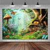 10X8FT Enchanted Forest Backdrop Fairy Tale Wonderland Mushroom House Photography Backdrop Magic Garden Woodland Photo Backdrop Background for Kids Girl Baby Shower Birthday Party Decorations Banner view 3