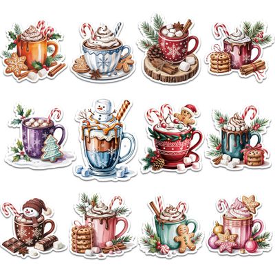 12 Pcs Christmas Hot Cocoa Stickers Set, Festive Mug and Holiday Drink Decals with Whipped Cream, Candy Cane, Gingerbread, Marshmallow Winter Stickers for Laptop, Bottle, Notebook, Gift Wrap 8 Inches