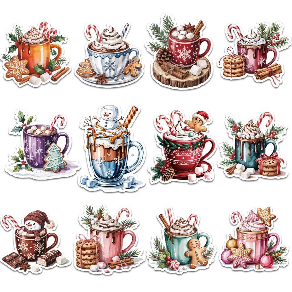 12 Pcs Christmas Hot Cocoa Stickers Set, Festive Mug and Holiday Drink Decals with Whipped Cream, Candy Cane, Gingerbread, Marshmallow Winter Stickers for Laptop, Bottle, Notebook, Gift Wrap 8 Inches