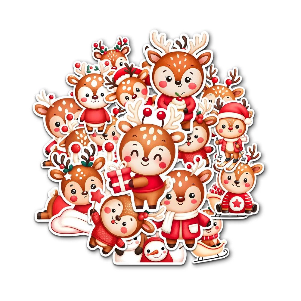 12 Pcs Christmas Reindeer Stickers, Holiday Deer Decals Featuring Festive Reindeer with Santa Hats, Gifts, Snowmen, Scarves, Stickers for Laptop, Bottle, Notebook, Wrapping, Holiday Crafts 5 Inches