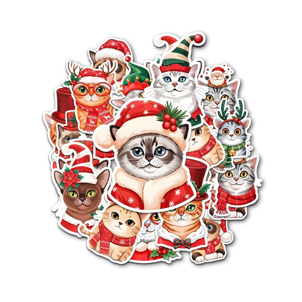 12 Pcs Christmas Cat Stickers, Festive Holiday Decals Featuring Cute Cats in Santa Hats, Scarves, Reindeer Horns, Elf Costumes, Adorable Stickers for Laptop, Bottle, Notebook, Gifts, Crafts 7 Inches