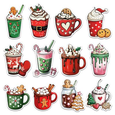 12 Pcs Christmas Hot Cocoa Stickers Pack, Festive Holiday Mug and Coffee Cup Decals with Marshmallow, Gingerbread, Whipped Cream, Winter Stickers for Laptop, Bottle, Notebook, Gift Wrapping 5 Inches