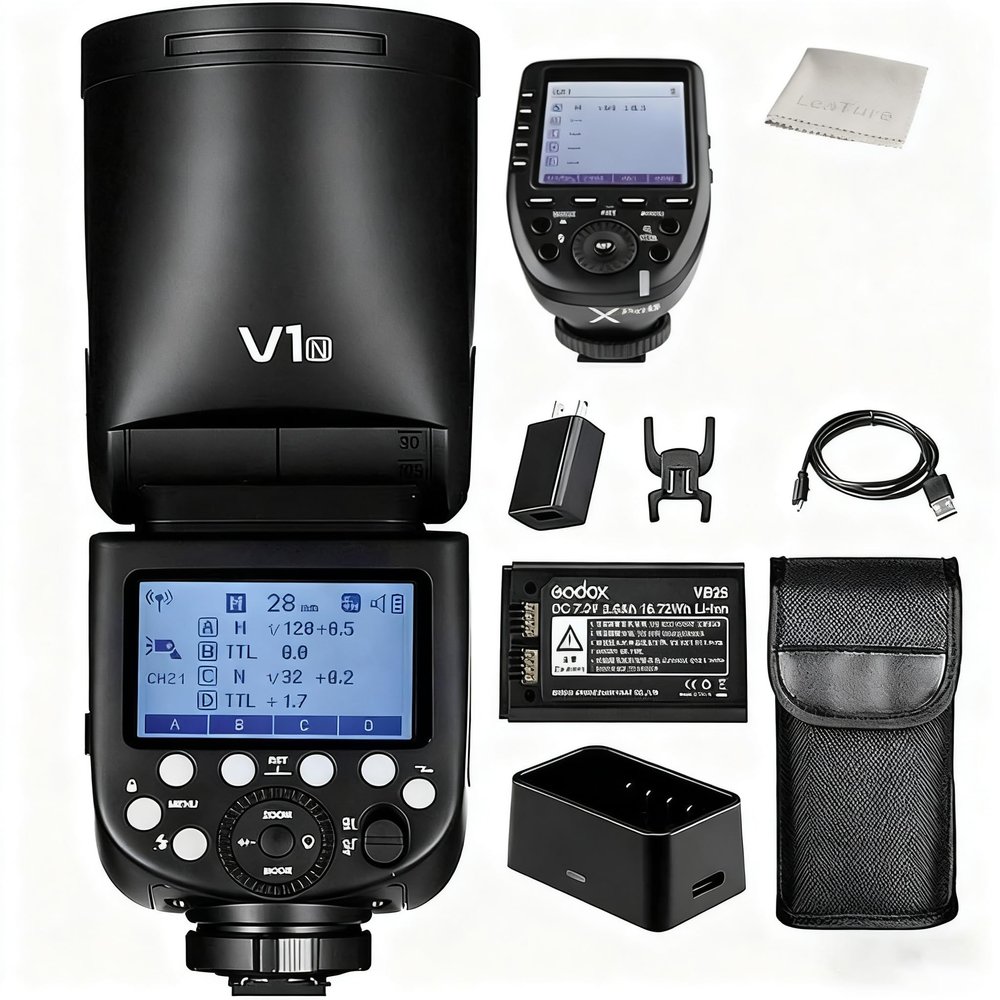 Godox V1N Round Head RGB On-Camera Flash Speedlite for Nikon with XPro-N 2.4G TTL Wireless Flash Trigger, Complete Flash Photography Kit