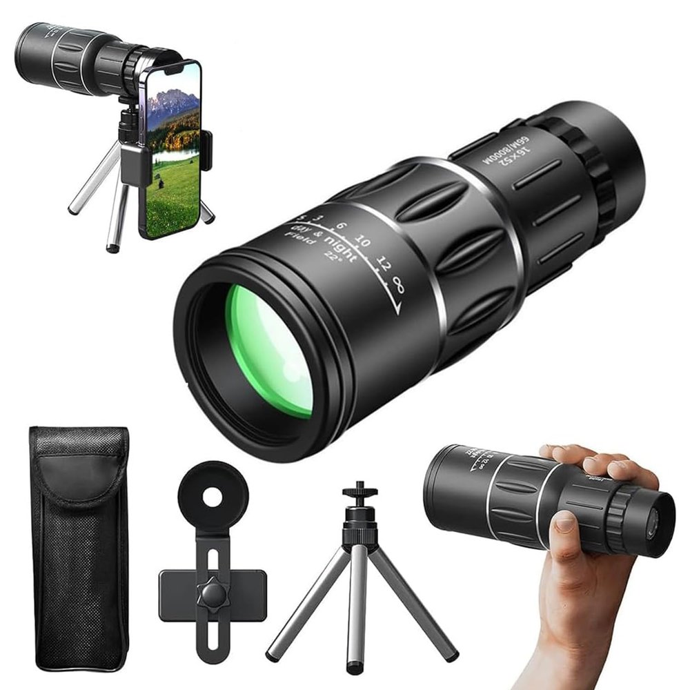 Monocular HD 16X52 de alta potencia con Zoom para adultos, con soporte para Smartphone y trpode, compacto e impermeable para observacin de Aves, Caza, Camping, senderismo y viajes.