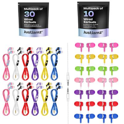 40 Pack Wired Earbuds Bundle Includes 30 Ear Buds with Microphone and 10 Colorful Wired Earphones Bulk Earbuds for Classroom, Students, and Schools 3.5mm Headphones in 8 Assorted Colors