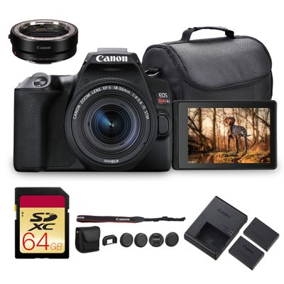Canon EOS Rebel SL3 DSLR Camera with 18-55mm Lens (Black) | 24.1MP APS-C Sensor, Dual Pixel AF & 4K Video | Great for Beginners & Everyday Photography (3453C002) + 64GB Card + Adapter EF-EOS R + More