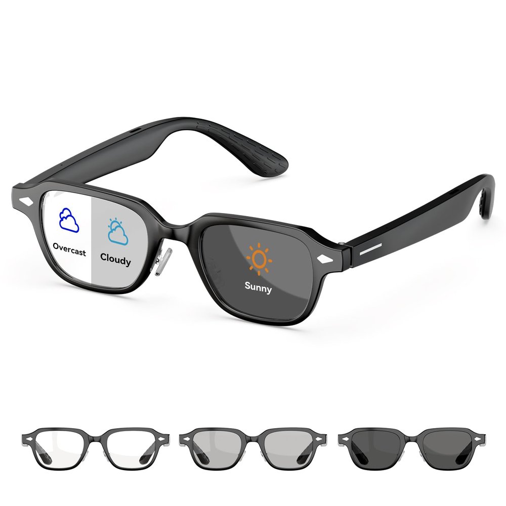 Hugur Smart Glasses,Polarized Sunglasses with Bluetooth 5.4 Open Ear Speaker,Athletic/Outdoor UV Protection and Voice Assistant Compatible, Black Frame-Photochromic Lens for Men, Women, Unisex B3PL