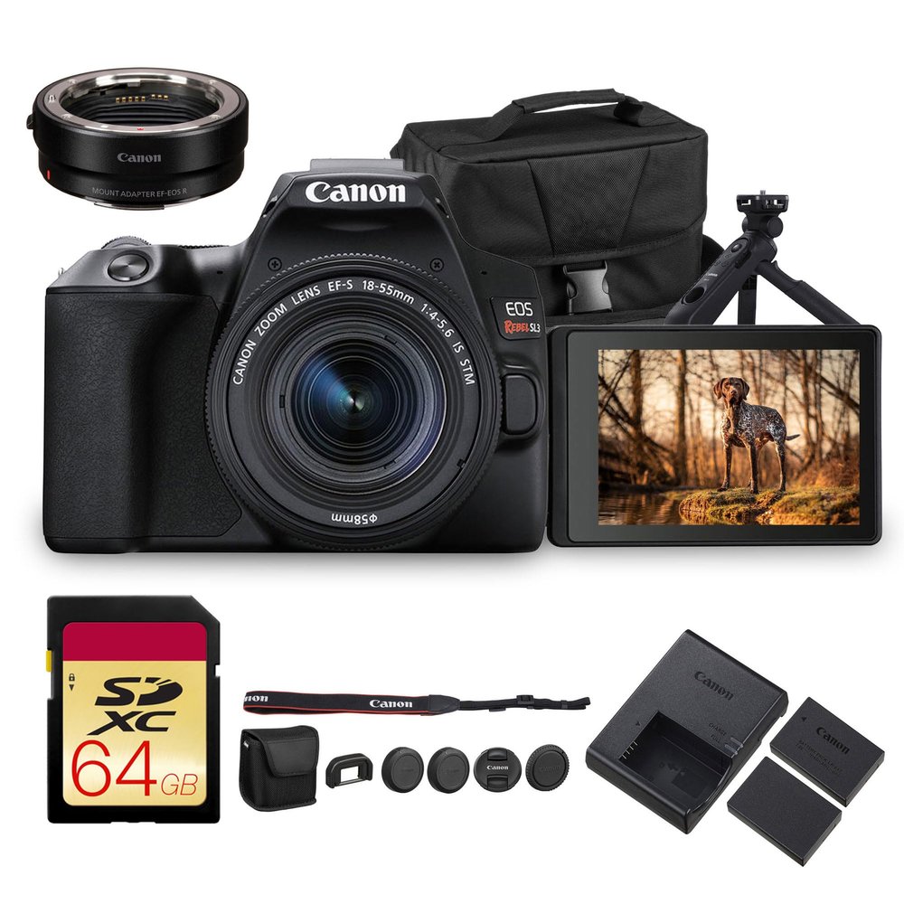Canon EOS Rebel SL3 DSLR Camera with 18-55mm Lens (Black) | 24.1MP APS-C Sensor, Dual Pixel AF & 4K Video | for Beginners & Everyday Photography (3453C002) + HG-100TBR Grip + Adapter EF-EOS R + More