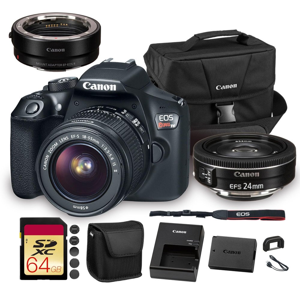 Canon EOS Rebel T6 DSLR Camera with 18-55mm Lens | 18MP APS-C CMOS Sensor, Built-In Wi-Fi & Full HD Video | For Travel & Everyday Photography + Canon EF-S 24mm f/2.8 STM Lens + Adapter EF-EOS R + More
