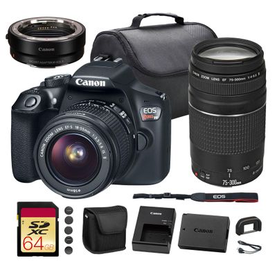 Canon EOS Rebel T6 DSLR Camera with 18-55mm Lens | 18MP APS-C CMOS Sensor, Built-in Wi-Fi & Full HD Video | for Travel & Everyday Photos + Canon EF 75-300mm f/4-5.6 III Lens + Adapter EF-EOS R + More