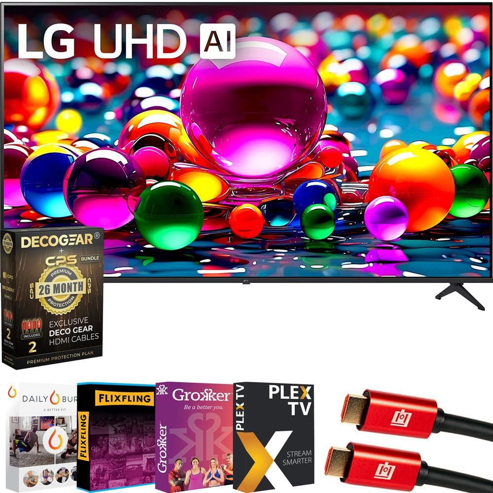 LG 43UA7700PUB 43 Inch UA77 LED AI 4K UHD Smart webOS TV (2025) Bundle with Premiere Movies Streaming, 6Ft HDMI Cable & Deco Gear CPS Exclusive 26 Month Protection Pack (BEACH-CPS-26M1000)