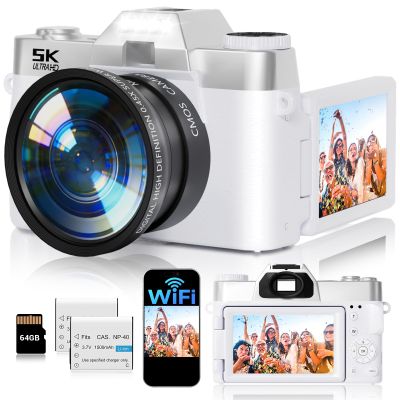 Digital Camera,UHD 75MP 5K for Photography with WiFi,64GB SD Card Vlogging Travel Camera for YouTube,Featuring 3" 180Flip Screen,Suitable for Beginners and Teens,White