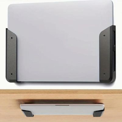 PISIWER Under Desk Laptop Mount, Wall & Under Desk Laptop Holder with Adhesive & Screws Laptops Shelf Storage with Anti-Scratch Pads(Black)