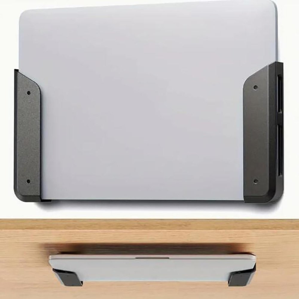 PISIWER Under Desk Laptop Mount, Wall & Under Desk Laptop Holder with Adhesive & Screws Laptops Shelf Storage with Anti-Scratch Pads(Black)