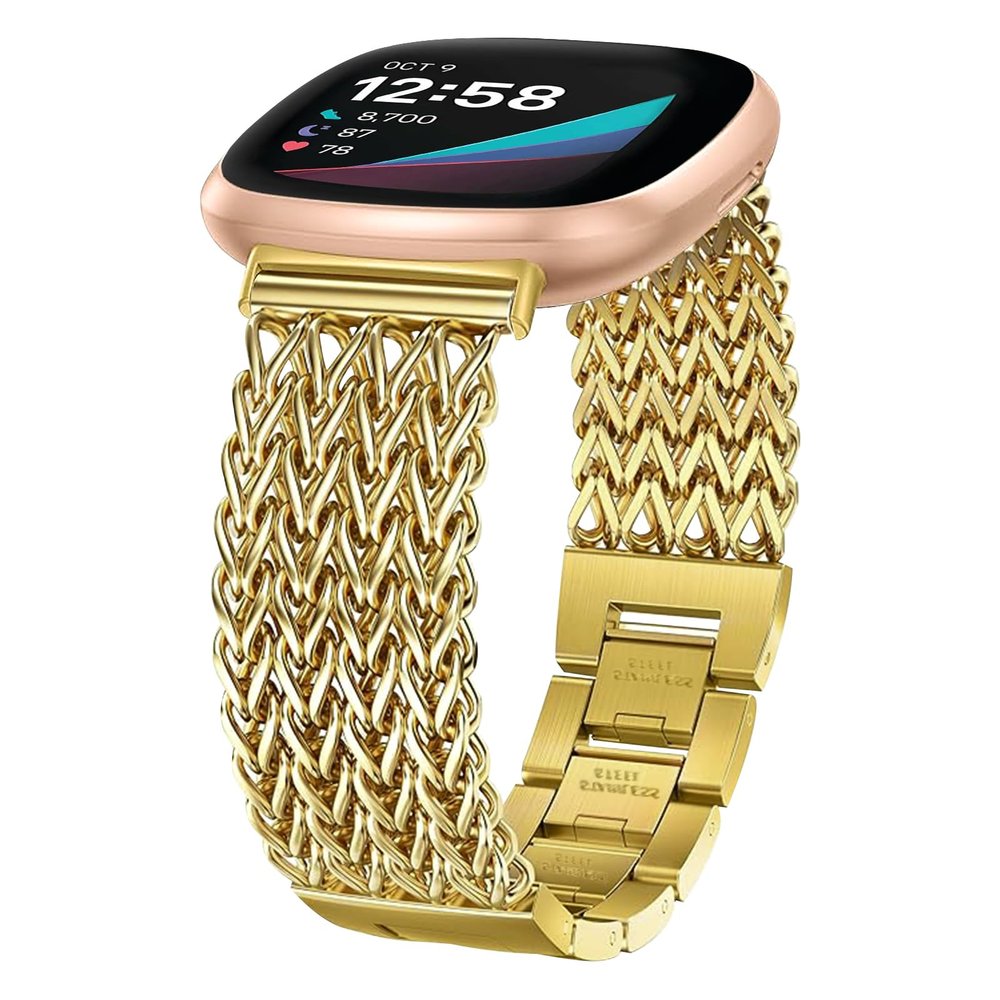 Alociaga Metal Band Compatible for Fitbit Versa 4/Sense 2/Versa 3/Sense, 22mm Dressy Stainless Steel Chain Strap Designer Wristband (Gold)