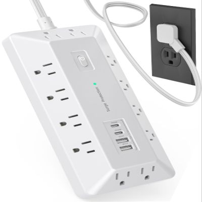 12 Outlets + 4 USB (16-in-1) Surge Protector Power Strip with 2 USB C, T-Shaped Desktop Charging Station with Phone Stand, Flat Plug 6FT Extension Cord, 1800J for Home Office Gaming Dorm