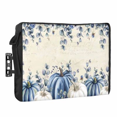 Outdoor TV Cover 52 to 55 Inch Weatherproof, Fall Blue Waterproof Outdoor TV Enclosure with Side Pocket, Thanksgiving White Pumpkin Vintage Eucalyptus Television Protector Cover for Outside Television