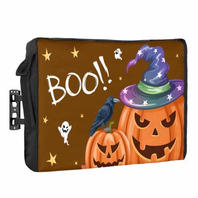 Outdoor TV Cover 80 to 85 Inch Weatherproof, BOO Halloween Waterproof Outdoor TV Enclosure with Side Pocket, Brown Pumpkin Spooky Ghost Crow Star Television Protector Cover for Outside Television
