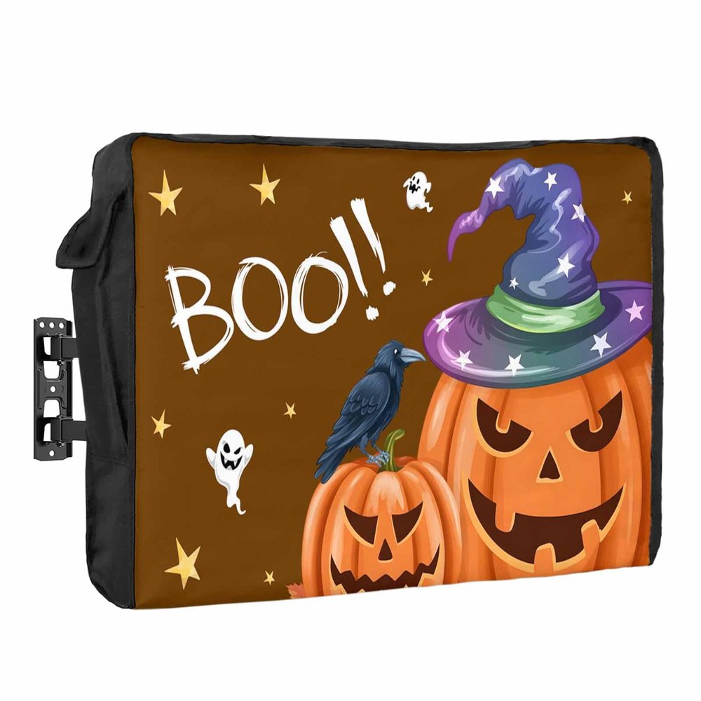 Outdoor TV Cover 80 to 85 Inch Weatherproof, BOO Halloween Waterproof Outdoor TV Enclosure with Side Pocket, Brown Pumpkin Spooky Ghost Crow Star Television Protector Cover for Outside Television