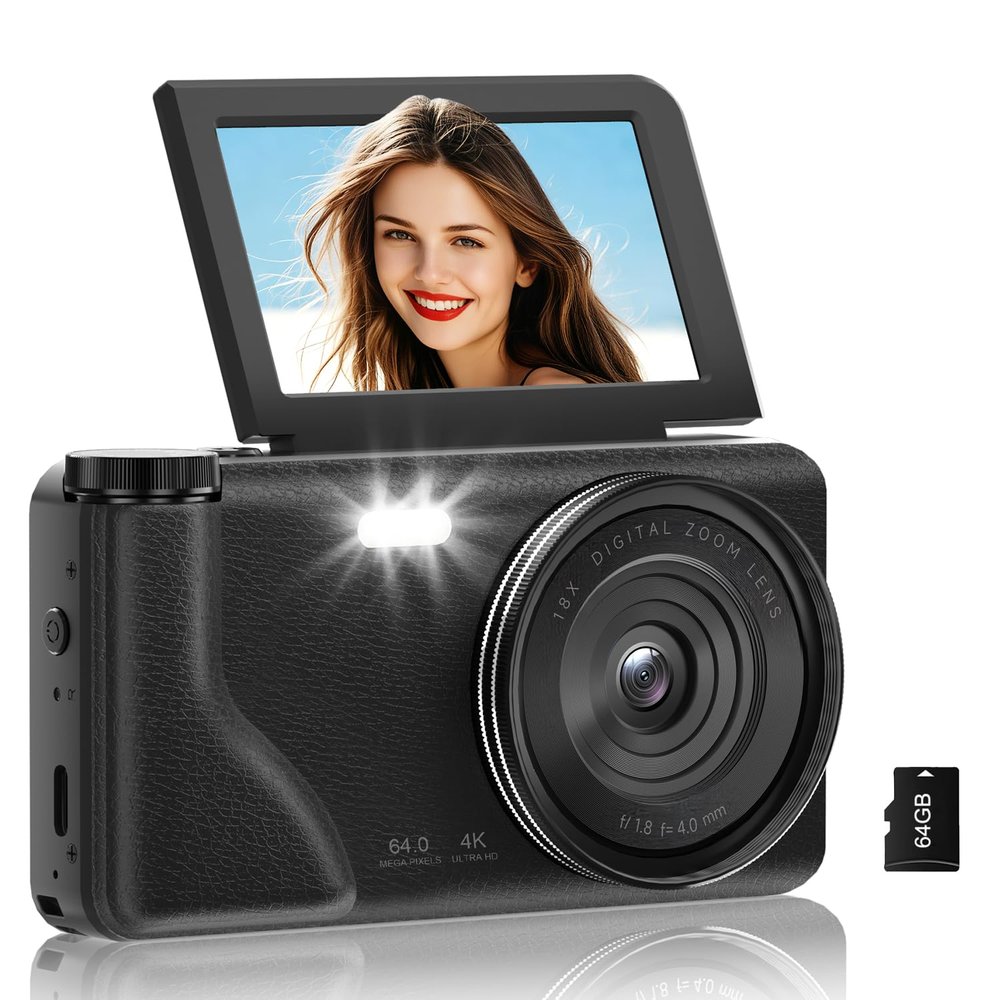 4K 64MP Digital Camera with 3" 180 Flip Screen, 2025 Latest Autofocus Vlogging Photography Camera for YouTube, 18X Digital Zoom Compact Travel Cameras with 64GB SD Card for Beginner (Black)