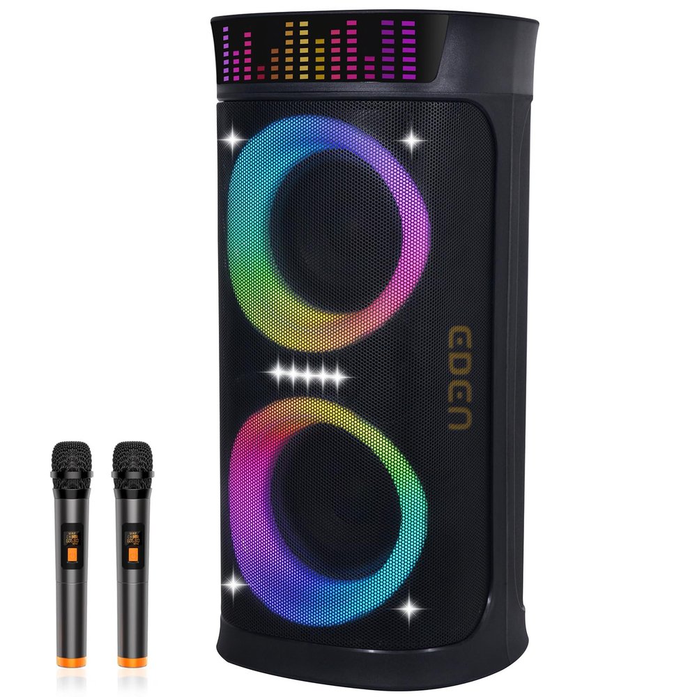Large Party Speaker with Dual 6.5 Inch Woofers, 200W Peak Powerful Sound, 15 Hours Playtime, Type-C Charging, LED Light Show, Wireless Microphone for Outdoor Parties